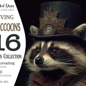 16 cartões digitais imprimíveis: coleção Loving Raccoons with Strange Hats de 8 páginas de registro no diário e 8 cartões ATC para Junk Journal, CU, AJ-A024