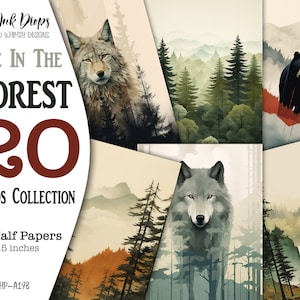 Cartes numériques Animaux et paysages : 20 demi-papiers, collection double exposition avec loup, ours, forêt, montagne et cascade, CU, HP-A193