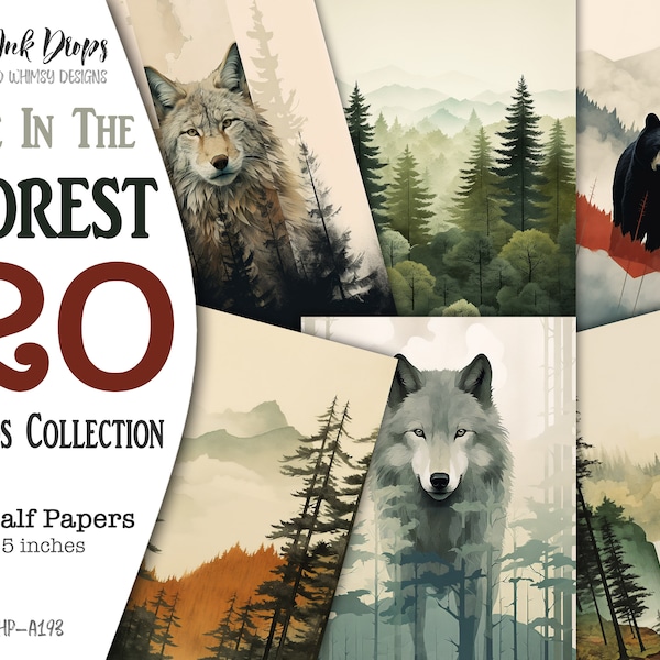 Animals and Landscapes digital cards: 20 Half papers double exposure collection with wolf, bear, forest, mountain and waterfall, CU, HP-A193