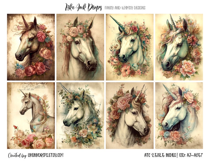 Op de afbeelding: Acht digitale collagebladen met eenhoornkoppen met bloemkronen. De eenhoorns zijn wit met roze, blauwe en groene bloemmotieven. De achtergrond is een perkamentpapier in vintage stijl. De tekst "Like Ink Drops Fancy and Whimsy Designs" staat bovenaan de afbeelding. De tekst "Created by LIKEINKDROPS.ETSY.COM" staat linksonder in de afbeelding. De tekst "ATC 2.5X3.5 INCHES | COD: AJ-A057" staat rechtsonder in de afbeelding.