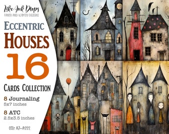 Houses junk journal whimsical cards: Mysterious and eccentric collection of 16 Digital Journaling and ATC with gothic settings, CU, AJ-A222