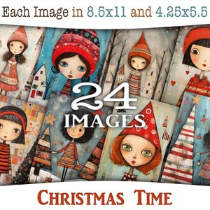 Kersttijd, collectie digitale prints: afdrukbare 8,5 x 11 pagina's en 4,25 x 5,5 kaarten met eigenzinnige meisjes, kerstbomen en cadeaus CU AJ-A296