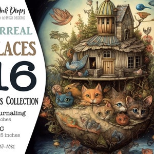 16 surrealistische huisdieren op vreemde plaatsen Journaling en ATC: Digital Junk Journal Kleurrijke kaartencollectie met fantastische landschappen, CU, AJ-A036