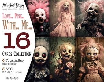 Dark, Gothic and Creepy Dolls for Pink Lovers: Printable horror junk journals ATC cards and journaling pages with Screaming Dolls CU SQ-A198