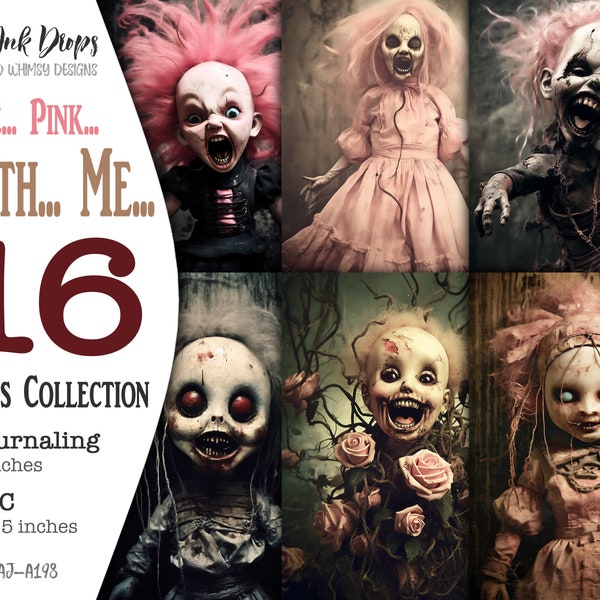 Dark, Gothic and Creepy Dolls for Pink Lovers: Printable horror junk journals ATC cards and journaling pages with Screaming Dolls CU SQ-A198