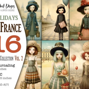 Jeunes filles en France junk journal collection de cartes de vacances : Digital Journaling et ATC avec des paysages français et des couleurs douces, CU, AJ-A172