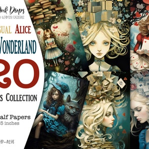 Cartes fantaisistes inhabituelles d'Alice au pays des merveilles : impression numérique en double exposition et collage avec uniquement des images et des portraits d'Alice, CU, HP-A196