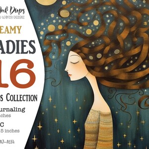 Collection imprimable de cartes de journal indésirable Dreamy Ladies : Surreal Journaling et ATC avec femmes, lune, étoiles, vagues et tons bleus, CU, AJ-A164