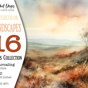 May include: A collection of 16 watercolor landscape cards, featuring a sunset over rolling hills and a lone tree. The cards are available in two sizes: 8 journaling cards measuring 5x7 inches and 8 ATC cards measuring 2.5x3.5 inches. The text "Like Ink Drops" and "Watercolor Landscapes" is visible at the top of the image.