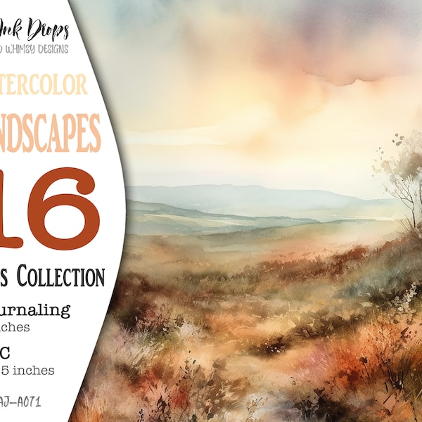 Printable Watercolor Landscapes Junk Journal backgrounds with soft color tones: Digital ATC and Journaling cards collection, CU, AJ-A071