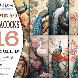 Collection de cartes journal indésirables Fleurs et paons : journalisation numérique et ATC avec oiseaux colorés, roses, pivoines, fleurs de pêcher CU AJ-A165