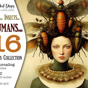 Surreal Women Junk Journal-illustraties: digitale verzameling van 16 kleurrijke dagboekpagina's en ATC-kaarten met insecten en insecten CU, AJ-A122