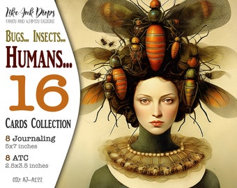Surreal Women Junk Journal-illustraties: digitale verzameling van 16 kleurrijke dagboekpagina's en ATC-kaarten met insecten en insecten CU, AJ-A122