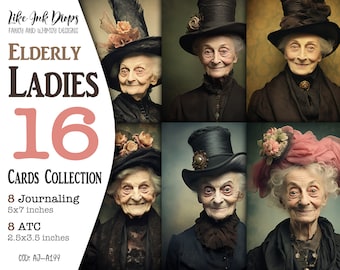 Victorian elderly ladies collection of 8 Atc and 8 Journaling: Vintage photo-style ephemera images with smiling ladies portraits CU, AJ-A199