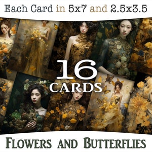 Portraits de femmes fantaisistes avec des fleurs et des papillons : cartes ATC numériques et pages de journal avec des illustrations surréalistes de femmes CU, AJ-A239