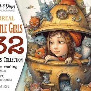 32 carte digitali del diario spazzatura delle ragazze surreali: collezione colorata di 16 diari e 16 ATC con bambine e strani animali domestici, CU, AJ-A035