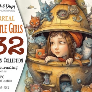 32 Surreal Girls Junk Journal Digital Cards: Kleurrijke verzameling van 16 Journaling en 16 ATC met kleine meisjes en vreemde huisdieren, CU, AJ-A035