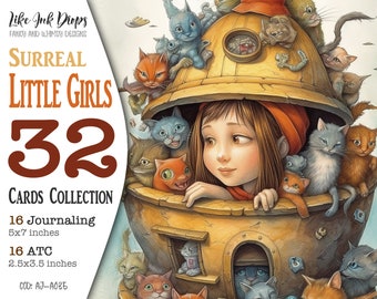 32 Surreal Girls Junk Journal Digital Cards: Colorful collection of 16 Journaling and 16 ATC with Little Girls and Strange Pets, CU, AJ-A035