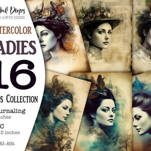 Coleção de retratos de mulheres vitorianas em aquarela: cartões ATC digitais vintage e páginas de diário com mulheres com chapéu e flores, CU, AJ-A064