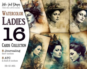Colección de retratos de damas victorianas en acuarela: tarjetas ATC digitales antiguas y páginas de diario con damas con sombrero y flores, CU, AJ-A064