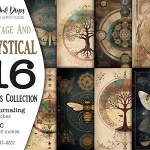 Printable Journaling and ATC collection: Collage with Moths, Sacred geometry, Tree of life, Mystical moon and Dark background, CU, AJ-A082