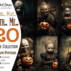 Dark gothic and creepy Halloween junk journal Square cards: Digital printables with pumpkins, dolls, dark atmospheres, dark tones CU SQ-A209