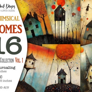 16 Whimsical Homes Journaling en ATC-kaarten: Digital Junk Journal-pagina'scollectie met kleurrijke plaatsen en surrealistische landschappen, CU, AJ-A129