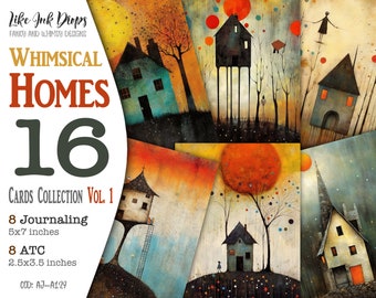 16 Whimsical Homes Journaling und ATC Karten: Digitale Junk Journal Seiten Sammlung mit Bunten Orten und surrealen Landschaften, CU, AJ-A129