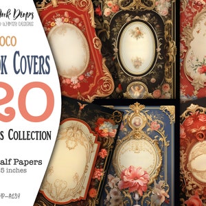 Rococo book covers digital cards: 20 half paper images in the style of Late Baroque period with flowers, decorations and labels, CU, HP-A189