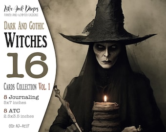 Dark and Gothic Witches Junk Journals cards collection: Printable Atc and Journaling pages with magical books and witches' tools CU, AJ-A127