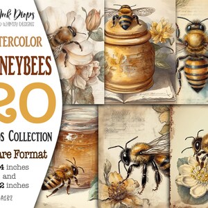 Cartões digitais quadrados de abelhas em aquarela, 4x4 e 2x2: coleção de imagens em estilo cartão postal vintage com favo de mel, potes, Bee House CU, SQ-A132