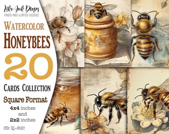 Aquarell Honigbienen quadratische digitale Karten, 4x4 und 2x2: Vintage Postkarten-Stil Bildersammlung mit Bienenwabe, Gläser, Bienenhaus CU, SQ-A132