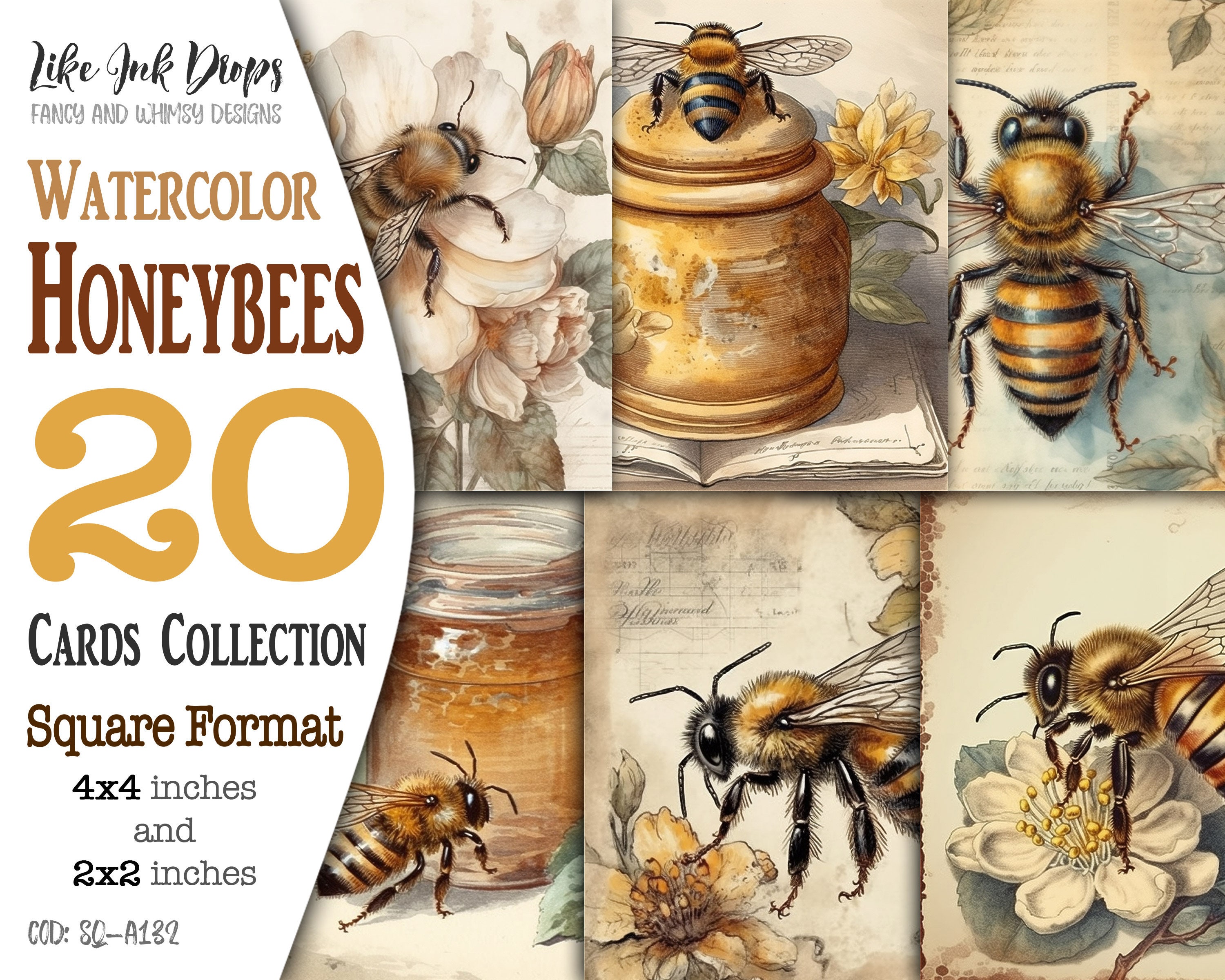 Watercolor Honeybees Square Digital Cards, 4x4 and 2x2: Vintage ...