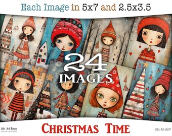 Christmas Time, Quirky girls digital cards collection: Printable ATC cards and journaling pages with Christmas trees and gifts, CU, AJ-A297