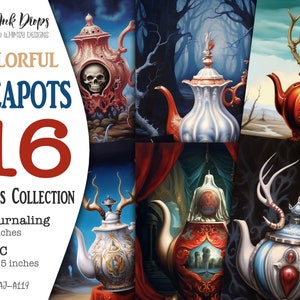 Surrealistische theepotillustraties in Victoriaanse stijl: digitale verzameling van 16 kleurrijke junk journal-kaarten met 8 journaling en 8 ATC, CU, AJ-A119