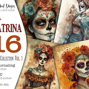 La Catrina Junk Journal Karten: Dia de Los Muertos Aquarell Sammlung von 16 Digital Journaling und ATC mit Blumen Dekor, CU, AJ-A034