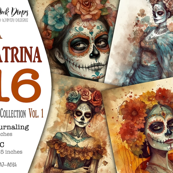 La Catrina Junk Journal Cards: Dia de Los Muertos watercolor collection of 16 Digital Journaling and ATC with flowers decor, CU, AJ-A034