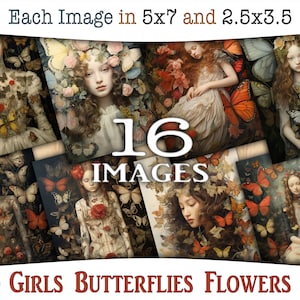 Druckbare Mädchenportraits mit Blumen und Schmetterlingen: Digital ATC und Journaling mit surrealen Illustrationen, romantische Collagen CU, AJ-A240