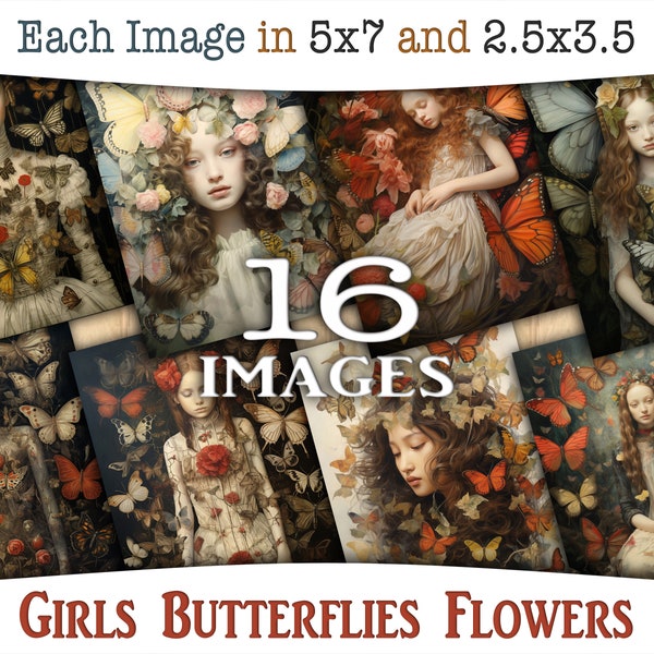 Printable girls portraits with flowers and butterflies: Digital ATC and journaling with surreal illustrations, romantic collages CU, AJ-A240