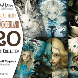 Cartões caprichosos incomuns de Alice no País das Maravilhas: Dupla exposição digital e colagem com Chapeleiro Maluco, Coelho Branco e Gato Cheshire, CU, HP-A195
