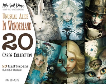 Alice In Wonderland unusual whimsical cards: Digital double exposure and collage with Mad Hatter, White Rabbit and Cheshire Cat, CU, HP-A195