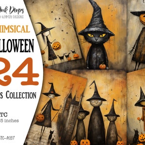 Collection imprimable de journaux indésirables d'Halloween : cartes numériques ATC orange et marron avec des chats, des citrouilles, des épouvantails et des chauves-souris, CU, ATC-A207