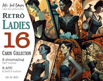 Melancholic Ladies: Colorful retrò style printable ATC and Journaling pages for Project, Junk Journal, Scrapbooking, Card Making CU, AJ-A008