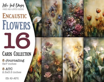 Enkaustik Blumen Junk Journal Printable Zubehör Karten: Digitales ATC und Journaling mit Rosen, Iris, Tulpen und Calla-Lilien, CU, AJ-A073