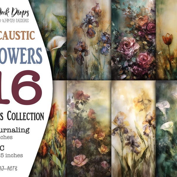 Encaustic Flowers Junk Journal Printable Supplies Cards: Digital ATC and Journaling with Roses, Iris, Tulips and Calla Lilies, CU, AJ-A073