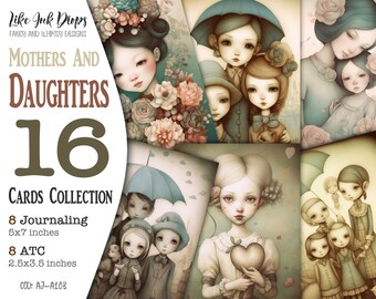 Mothers, Daughters and Flowers Junk Journal Digital pages: ATC and Journaling Collection of Vintage soft colors illustrations CU AJ-A103