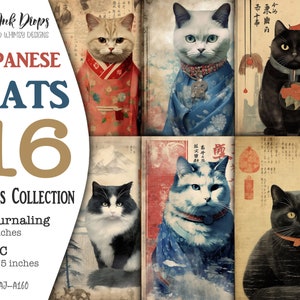 Collection d'images imprimables numériques de journaux indésirables de chats japonais : journalisation de style vintage et ATC avec des chats en kimono et Wagasa CU, AJ-A160