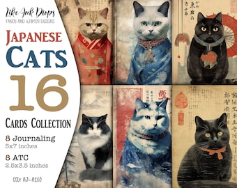 Japanese Cats junk journals digital printable images collection: Vintage style Journaling and ATC with Cats in Kimono and Wagasa CU, AJ-A160