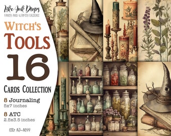 Magical Witch&#39;s Tools printable Junk Journal pages: Digital ATC and Journaling collection with Herbs, Potions, Candles, Plants, CU, AJ-A099