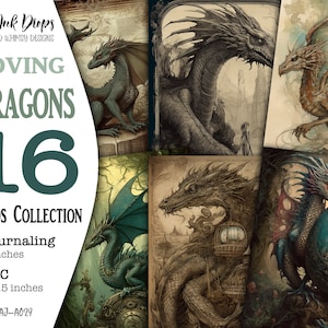 Loving Dragons 16 digitale kaarten: afdrukbare fantasie 8 ATC-kaarten en 8 Journaling-pagina's kleurrijke collectie voor uw Junk Journal, CU, AJ-A029